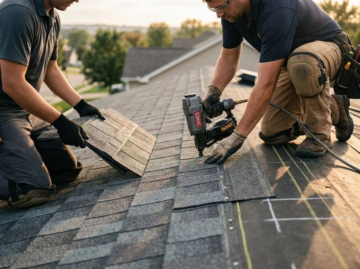 Professional roofer working on a residential roof in Atascocita